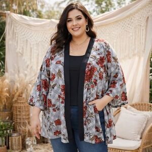 In Every Story Floral Kimono Cardigan Grey Plaid Red Floral Open Front Layering